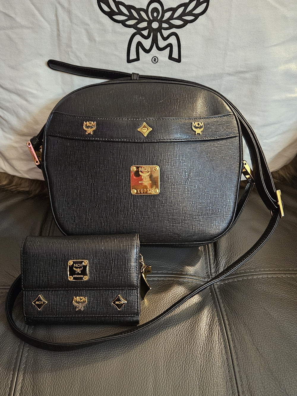 MCM Black Leather Crossbody with Matching Wallet and Gold Hardware